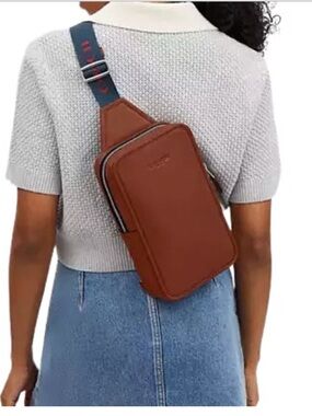 Coach Brown Leather Sling Bag with Navy and Red Strap